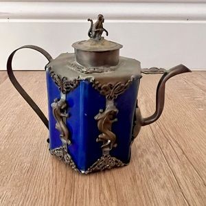 Vintage Chinese Silver Blue Enamel Ceramic Monkey Tiger Frog Tea Pot Deco Marked